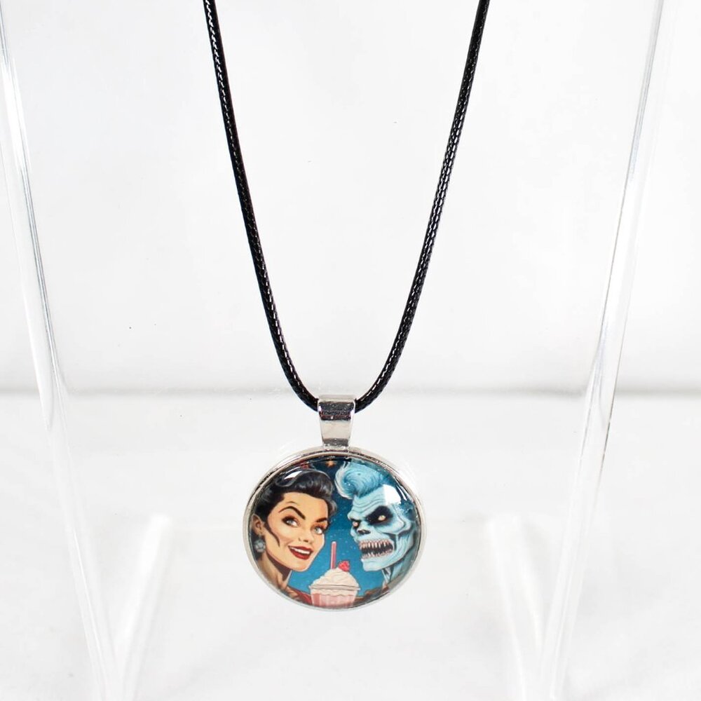 Milkshakes & Mayhem Pinup & Monster Necklace – Retro Horror Jewelry